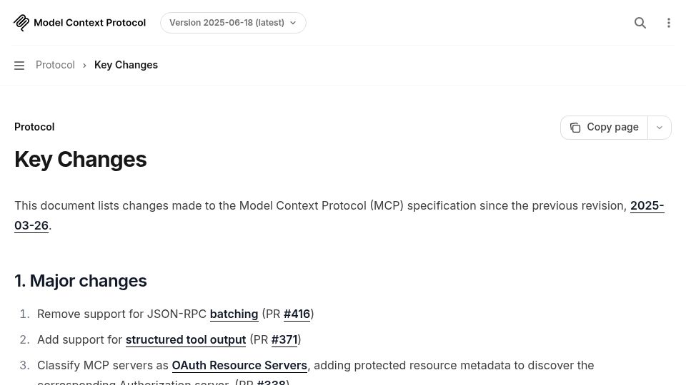 Screenshot of modelcontextprotocol.io: MCP Specification – version 2025-06-18 changes