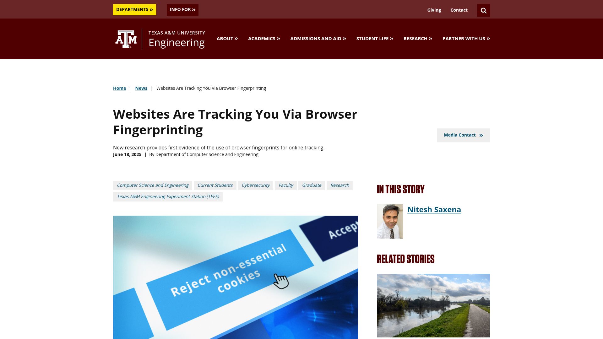 Screenshot of engineering.tamu.edu: Websites are tracking you via browser fingerprinting