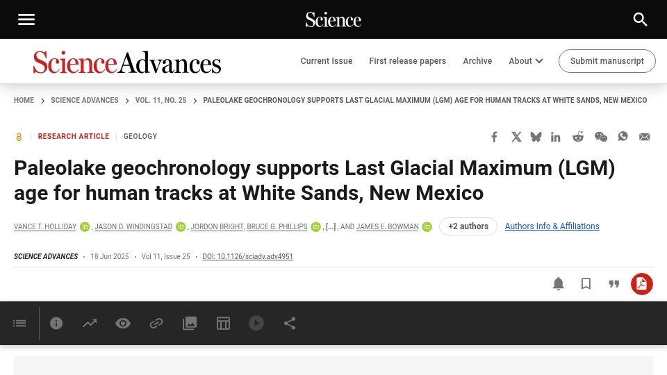 Screenshot of science.org: Geochronology supports LGM age for human tracks at White Sands, New Mexico