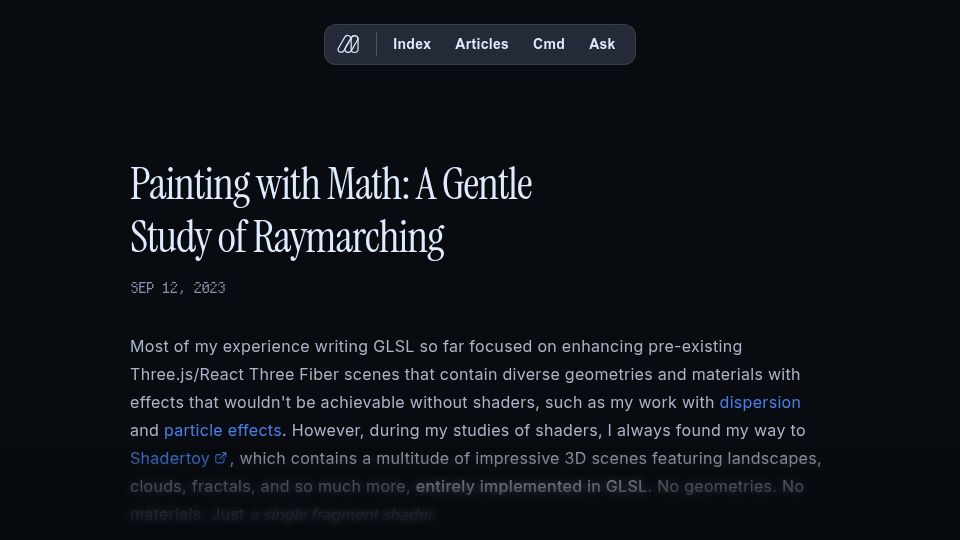 Screenshot of blog.maximeheckel.com: Painting with Math: A Gentle Study of Raymarching (2023)
