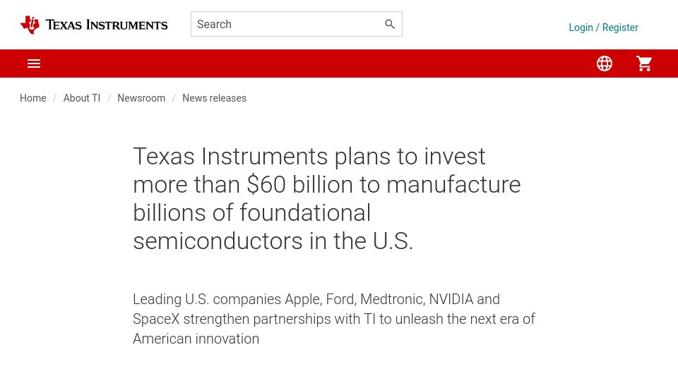 Screenshot of ti.com: TI to invest $60B to manufacture foundational semiconductors in the U.S.