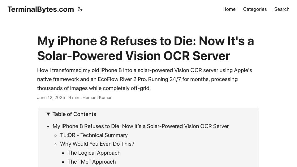 Screenshot of terminalbytes.com: My iPhone 8 Refuses to Die: Now It's a Solar-Powered Vision OCR Server