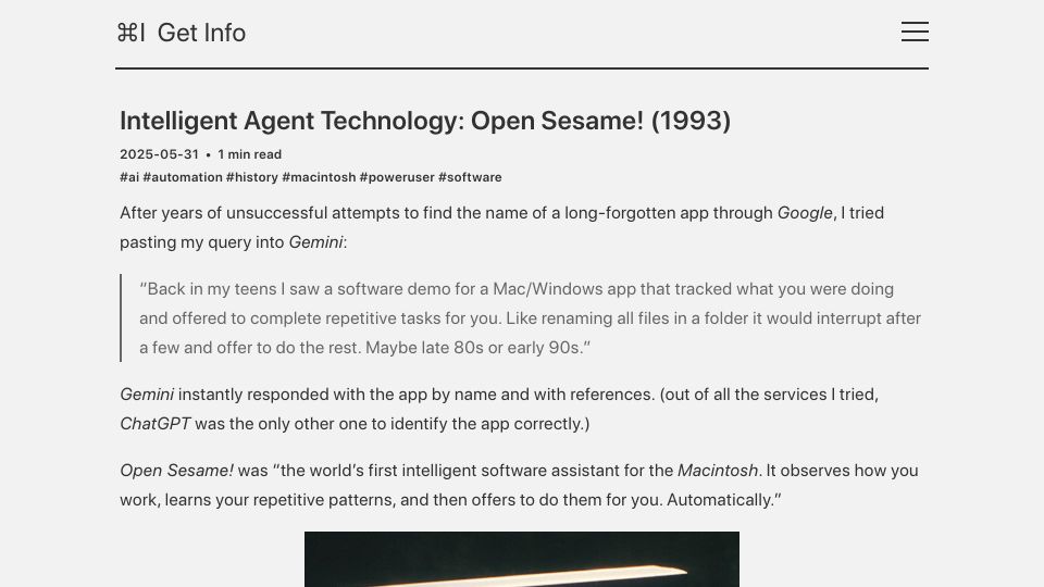 Screenshot of blog.gingerbeardman.com: Intelligent Agent Technology: Open Sesame! (1993)