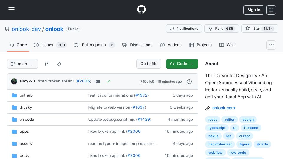 Screenshot of github.com: Show HN: Onlook – Open-source, visual-first Cursor for designers