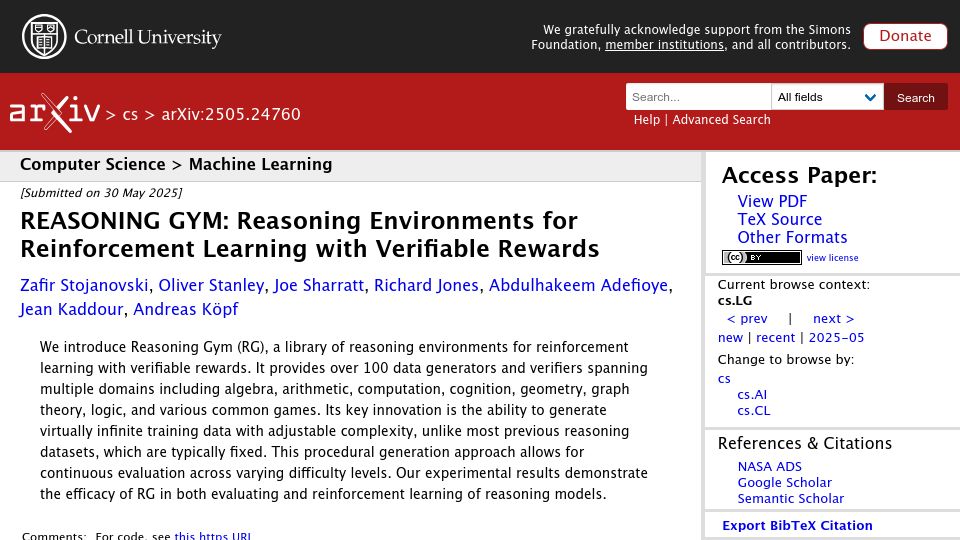 Screenshot of arxiv.org: ReasoningGym: Reasoning Environments for RL with Verifiable Rewards