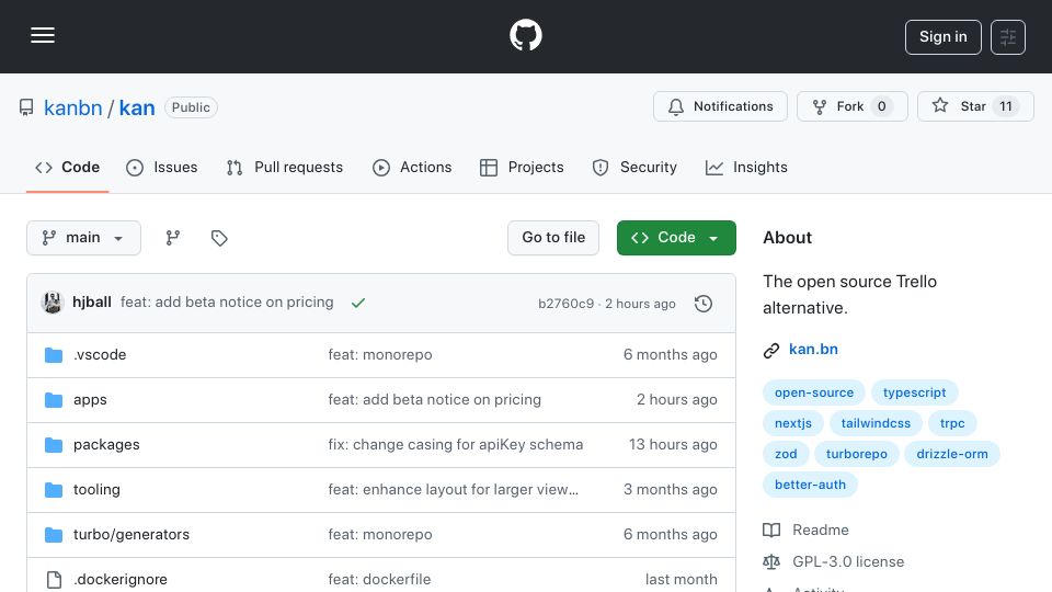 Screenshot of github.com: Show HN: Kan.bn – An open-source alterative to Trello