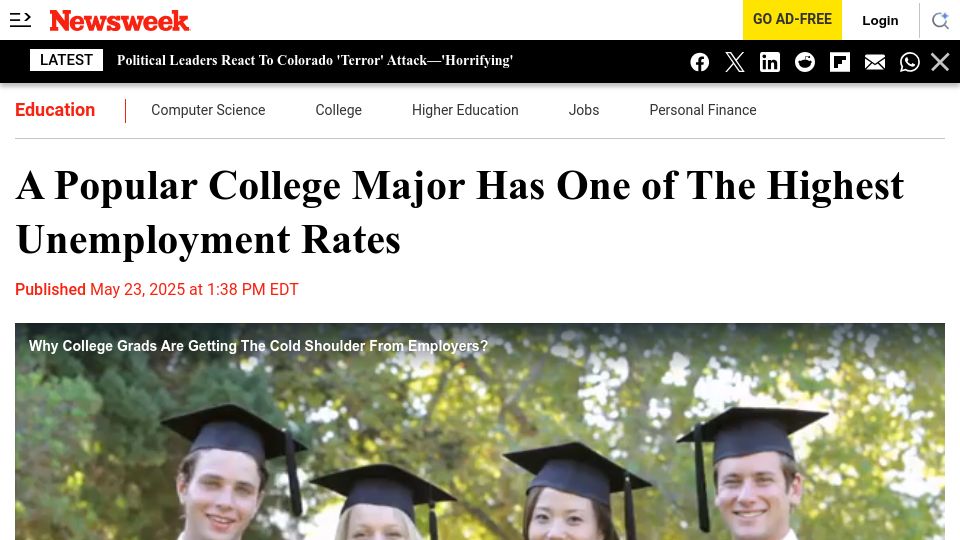 Screenshot of newsweek.com: Computer science has one of the highest unemployment rates