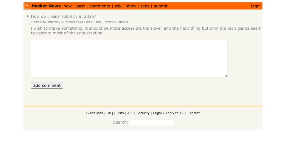 Screenshot of Hacker News post: Ask HN: How do I learn robotics in 2025?