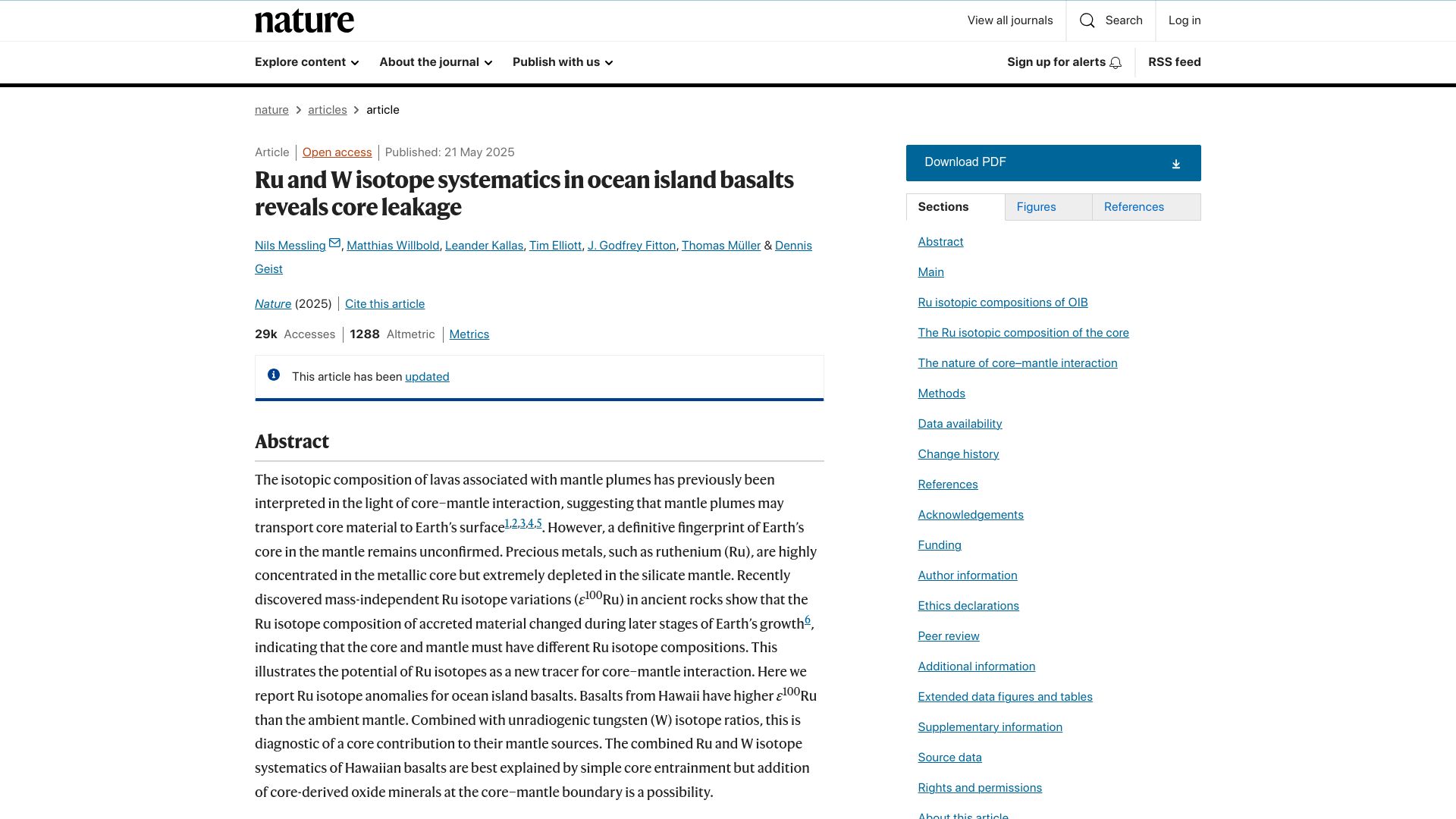 Screenshot of nature.com: Ru and W isotope systematics in ocean island basalts reveals core leakage