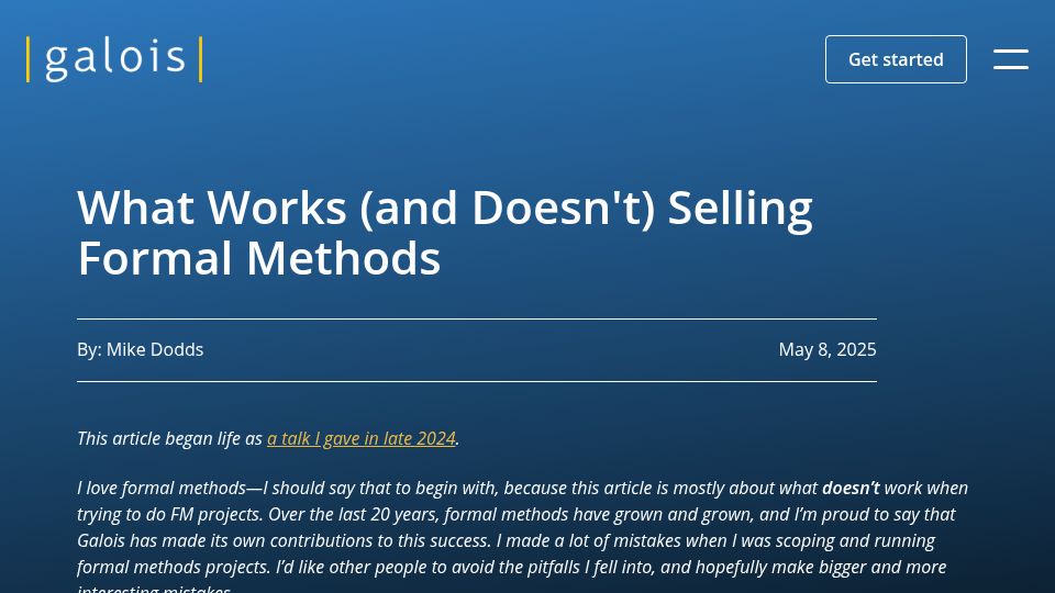 Screenshot of galois.com: What works (and doesn't) selling formal methods