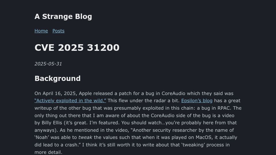 Screenshot of blog.noahhw.dev: CVE 2025 31200