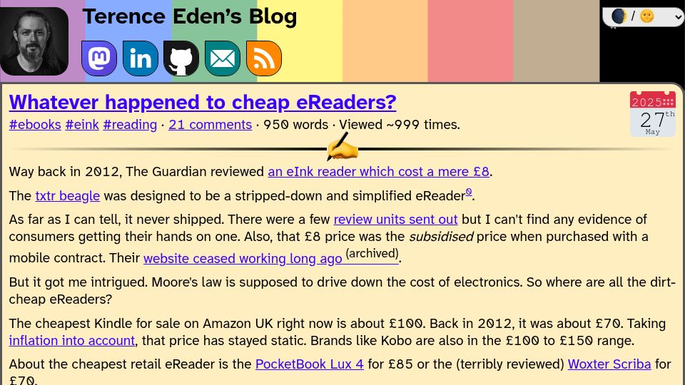 Screenshot of shkspr.mobi: Whatever happened to cheap eReaders?
