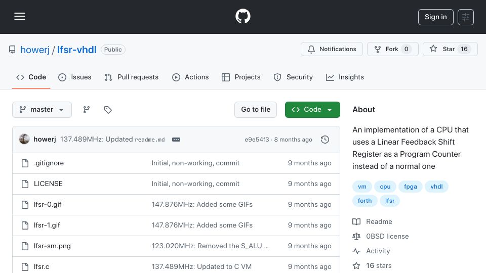 Screenshot of github.com: LFSR CPU Running Forth