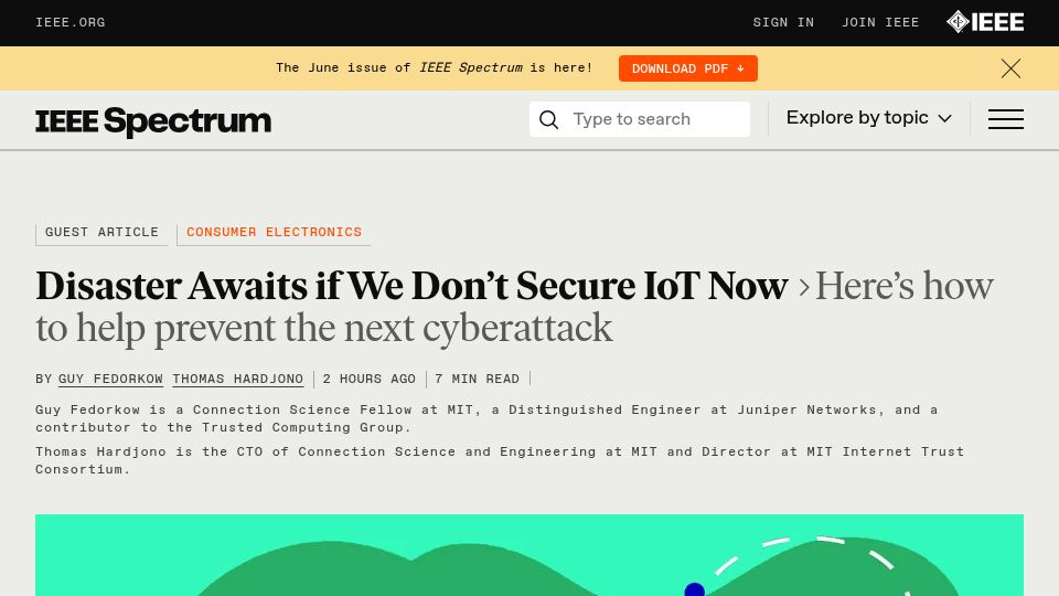 Screenshot of spectrum.ieee.org: Disaster awaits if we don't secure IoT now