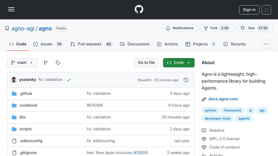 Screenshot of github.com: Show HN: Agno – A full-stack framework for building Multi-Agent Systems