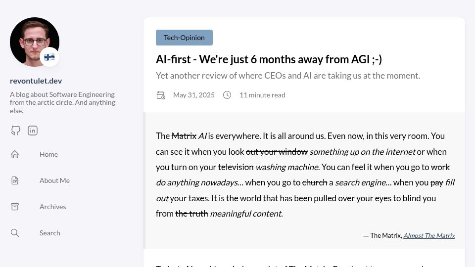 Screenshot of revontulet.dev: AI-first – We're just 6 months away from AGI