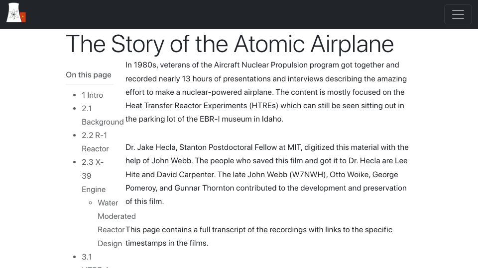 Screenshot of whatisnuclear.com: The Atomic Airplane