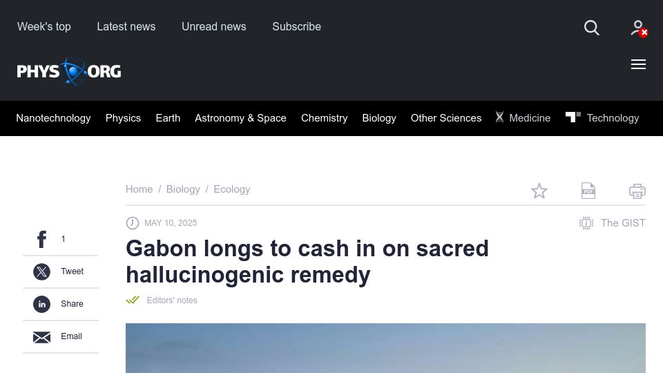 Screenshot of phys.org: Gabon longs to cash in on sacred hallucinogenic remedy