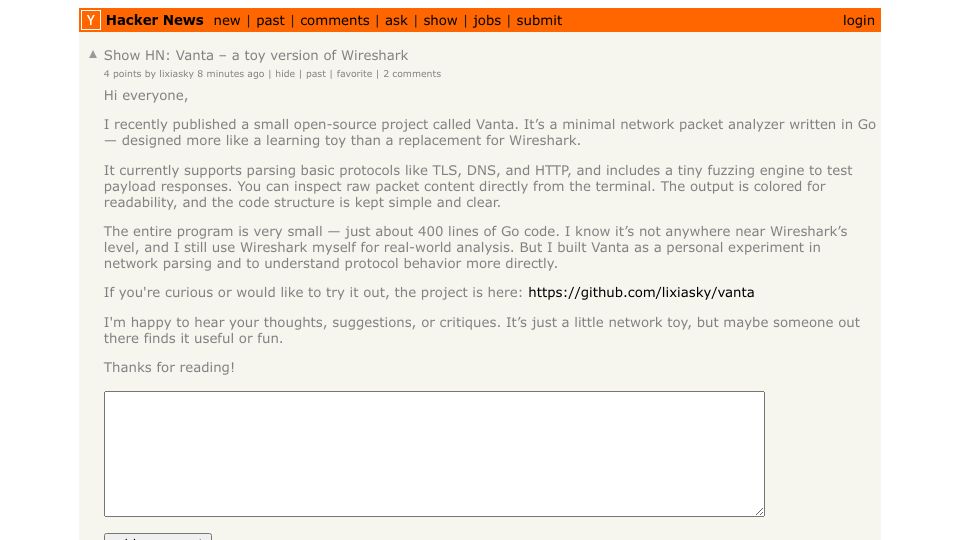 Screenshot of github.com: Show HN: A toy version of Wireshark (student project)