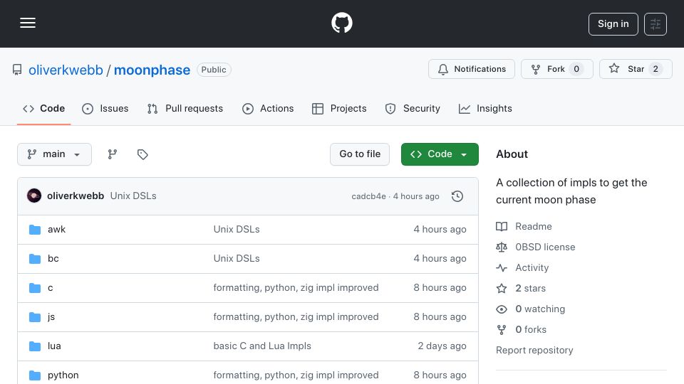 Screenshot of github.com: Show HN: Moon Phase Algorithms for C, Lua, Awk, JavaScript, etc.