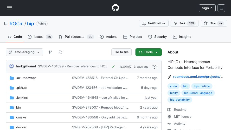 Screenshot of github.com: Hip: C++ Heterogeneous-Compute Interface for Portability