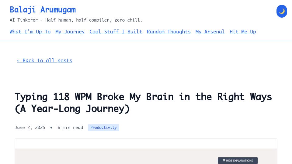 Screenshot of balaji-amg.surge.sh: Typing 118 WPM broke my brain in the right ways