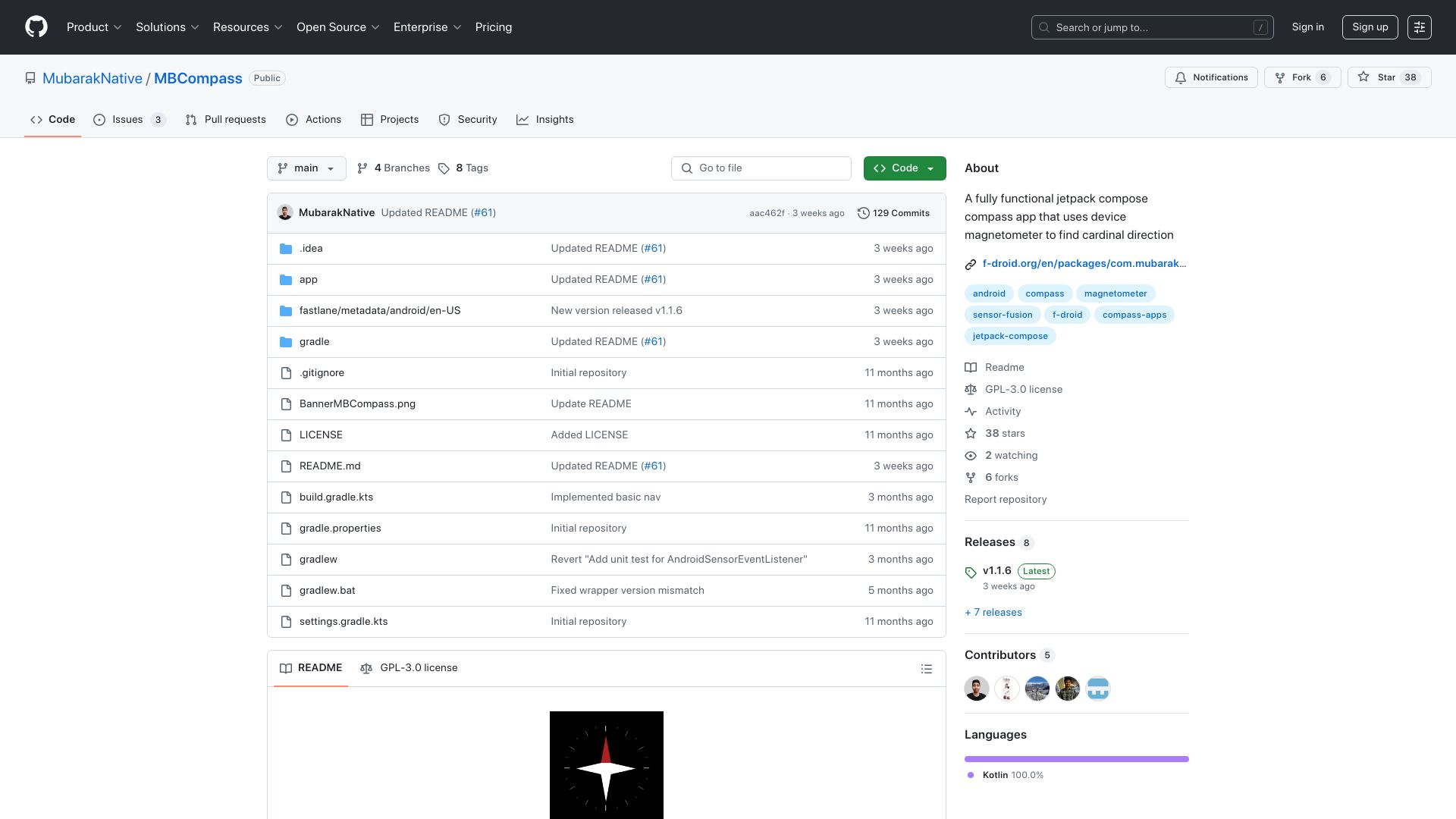 Screenshot of github.com: Show HN: MBCompass – Android Compass App
