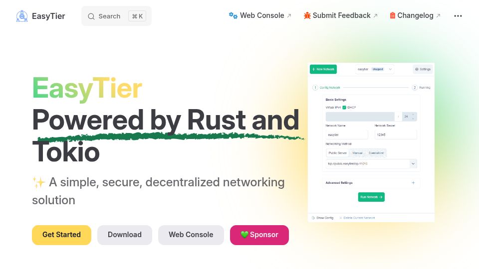Screenshot of easytier.cn: EasyTier – P2P mesh VPN written in Rust using Tokio