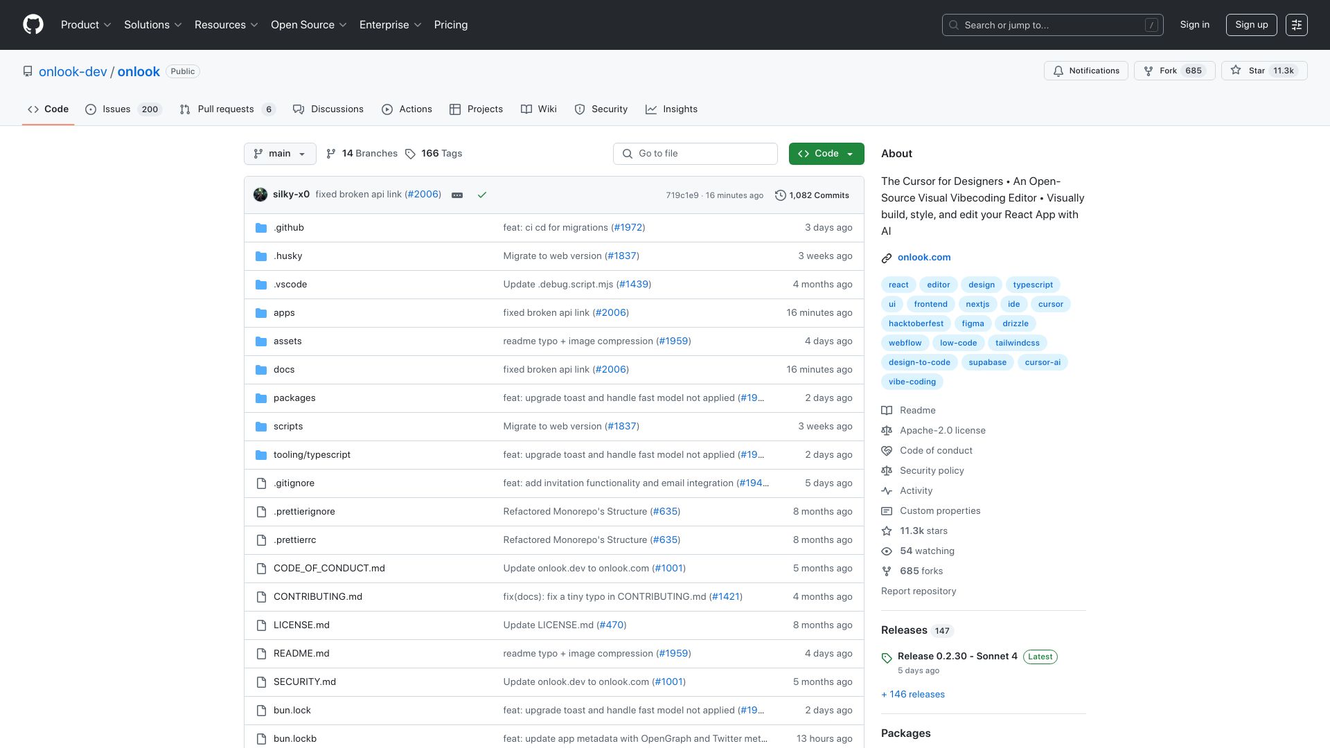 Screenshot of github.com: Show HN: Onlook – Open-source, visual-first Cursor for designers