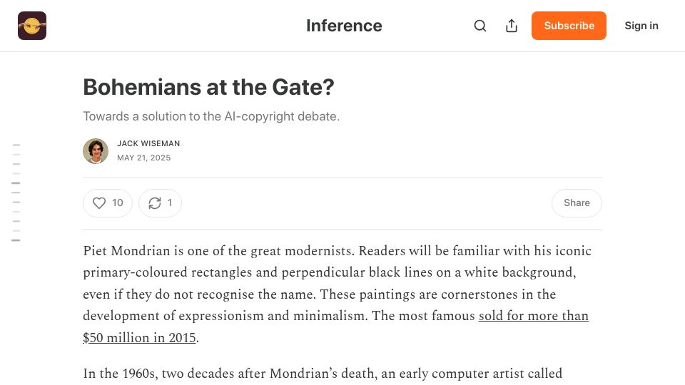 Screenshot of inferencemagazine.substack.com: Bohemians at the Gate?