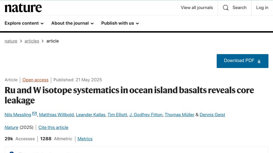 Screenshot of nature.com: Ru and W isotope systematics in ocean island basalts reveals core leakage