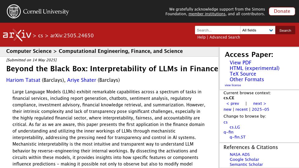 Screenshot of arxiv.org: Beyond the Black Box: Interpretability of LLMs in Finance