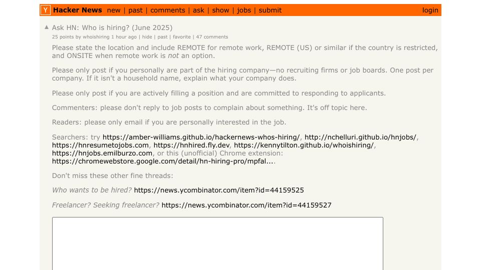 Screenshot of Hacker News post: Ask HN: Who is hiring? (June 2025)