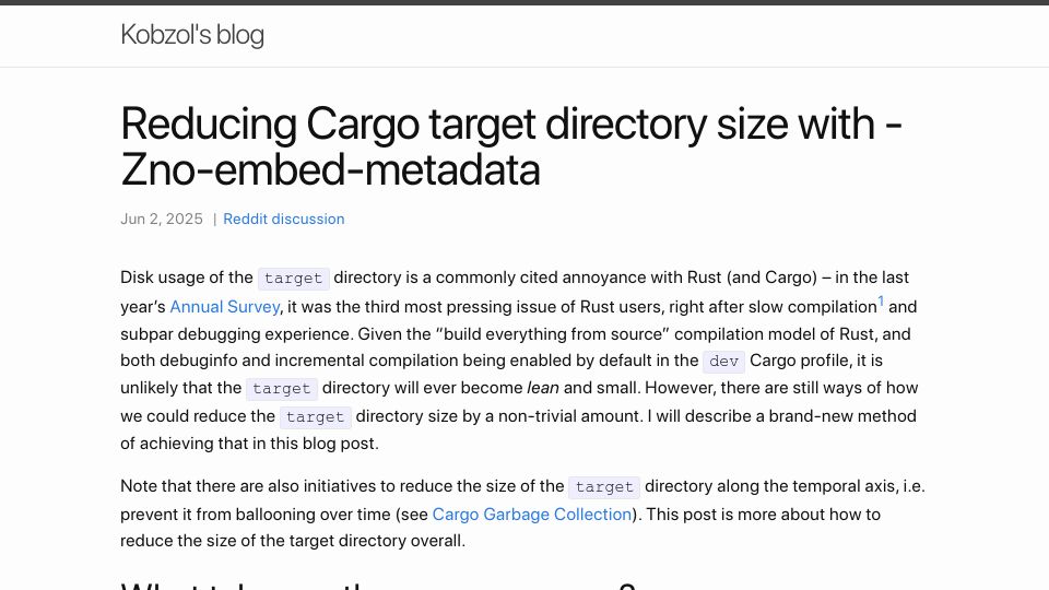 Screenshot of kobzol.github.io: Reducing Cargo target directory size with -Zno-embed-metadata