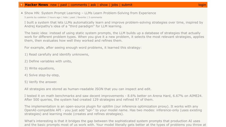 Screenshot of Hacker News post: Show HN: System Prompt Learning – LLMs Learn Problem-Solving from Experience