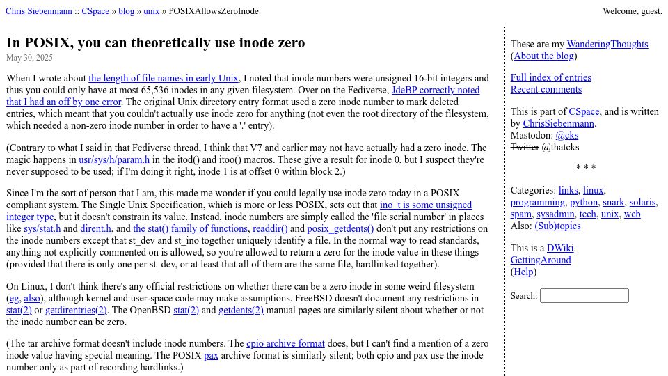 Screenshot of utcc.utoronto.ca: In POSIX, you can theoretically use inode zero