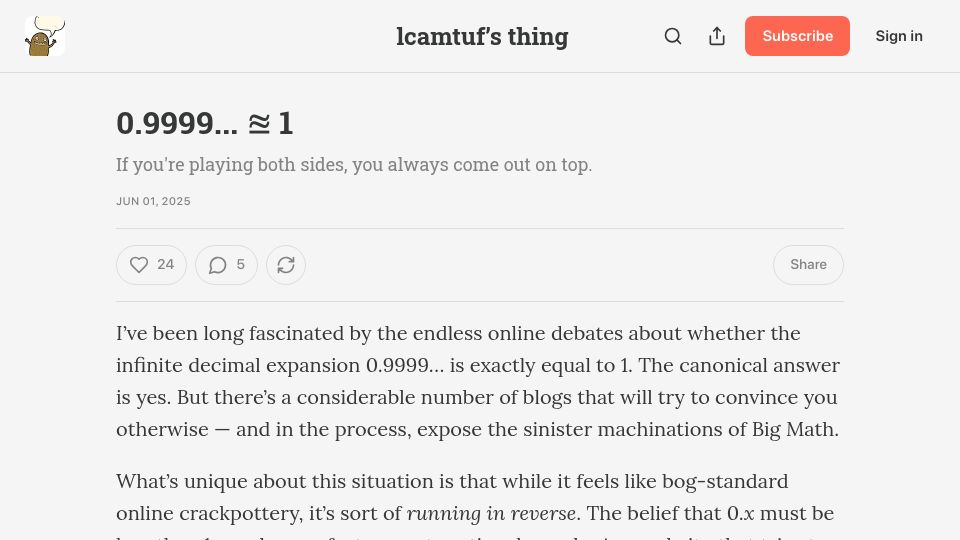 Screenshot of lcamtuf.substack.com: 0.9999 ≊ 1