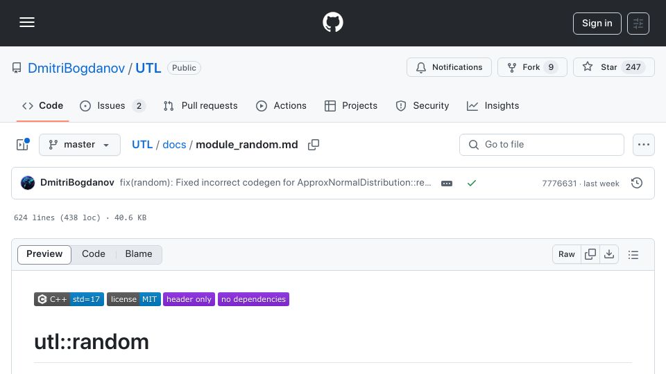 Screenshot of github.com: Show HN: Fast Random Library for C++17