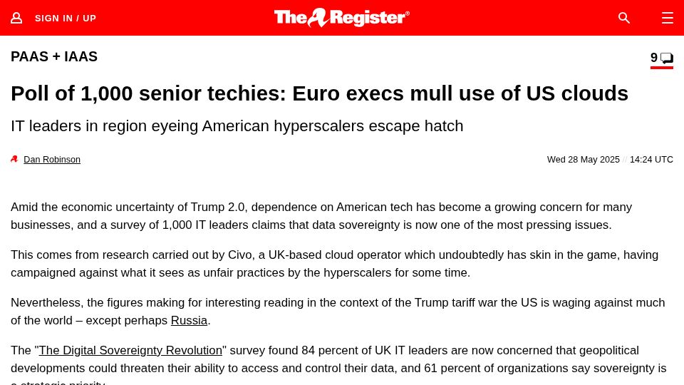 Screenshot of theregister.com: Euro execs mull use of US clouds