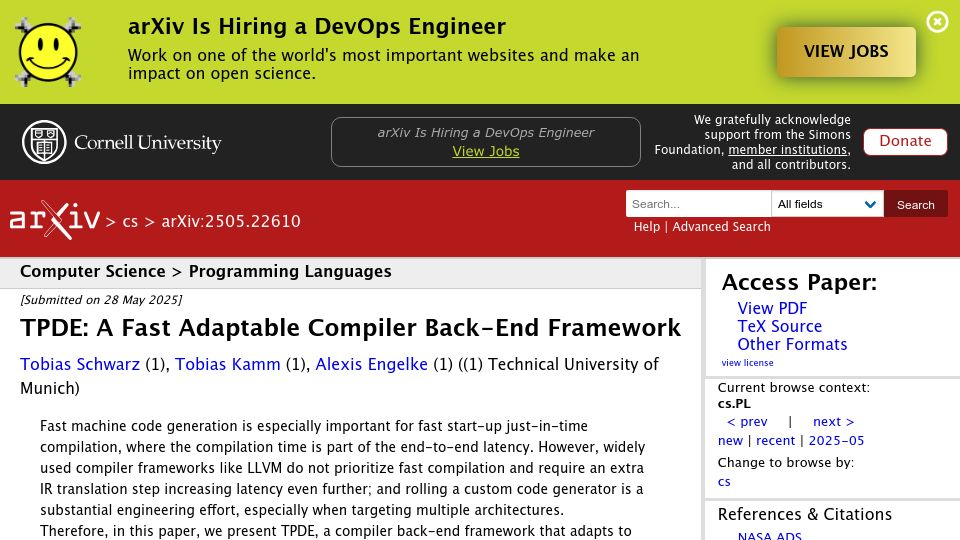 Screenshot of arxiv.org: TPDE: A Fast Adaptable Compiler Back-End Framework