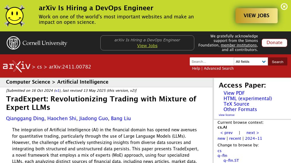 Screenshot of arxiv.org: TradeExpert, a trading framework that employs Mixture of Expert LLMs