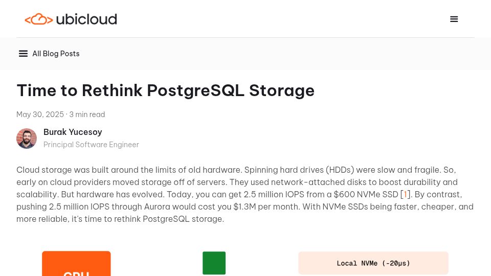 Screenshot of ubicloud.com: Rethinking PostgreSQL Storage