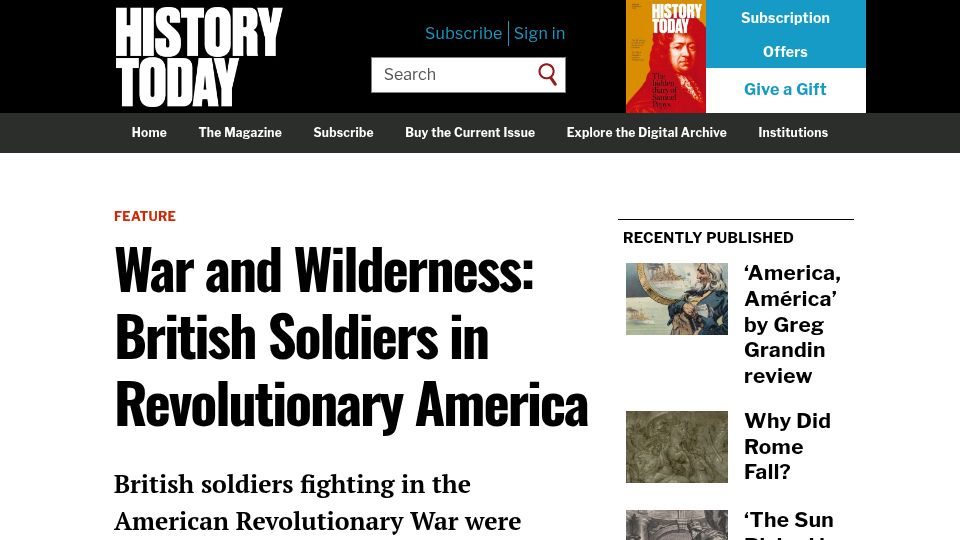 Screenshot of historytoday.com: War and Wilderness: British Soldiers in Revolutionary America