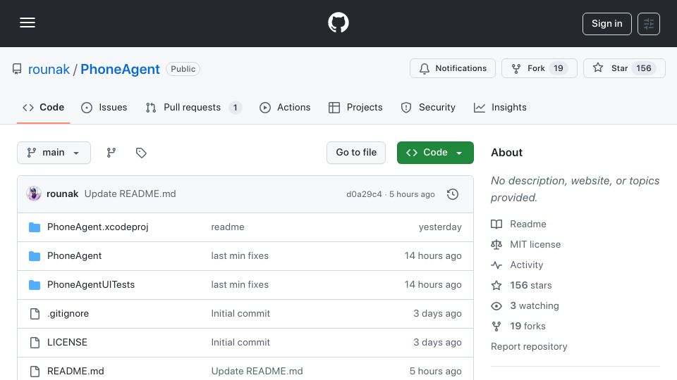 Screenshot of github.com: Show HN: I built an AI Agent that uses the iPhone