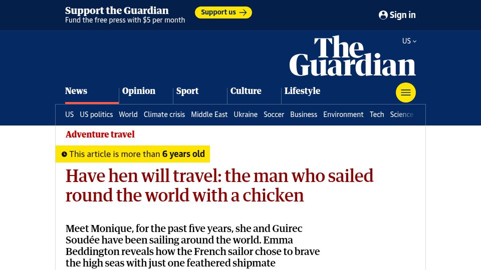 Screenshot of theguardian.com: A man who sailed round the world with a chicken (2019)