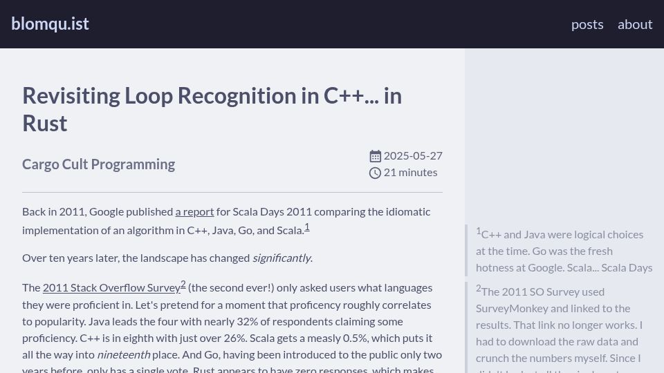Screenshot of blomqu.ist: Revisiting Loop Recognition in C++ in Rust