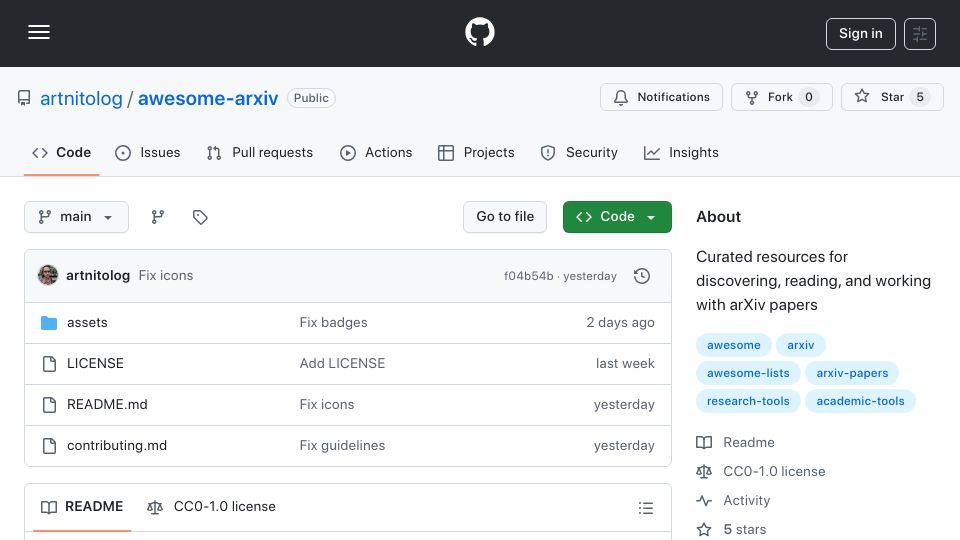 Screenshot of github.com: Awesome-ArXiv: curated tools for discovering and working with ArXiv papers