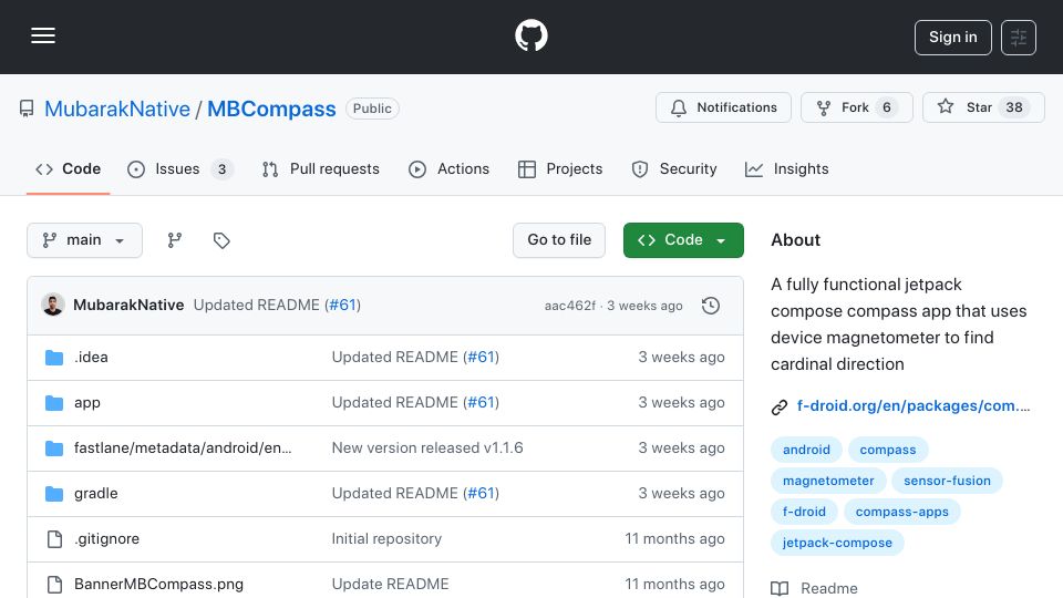 Screenshot of github.com: Show HN: MBCompass – Android Compass App
