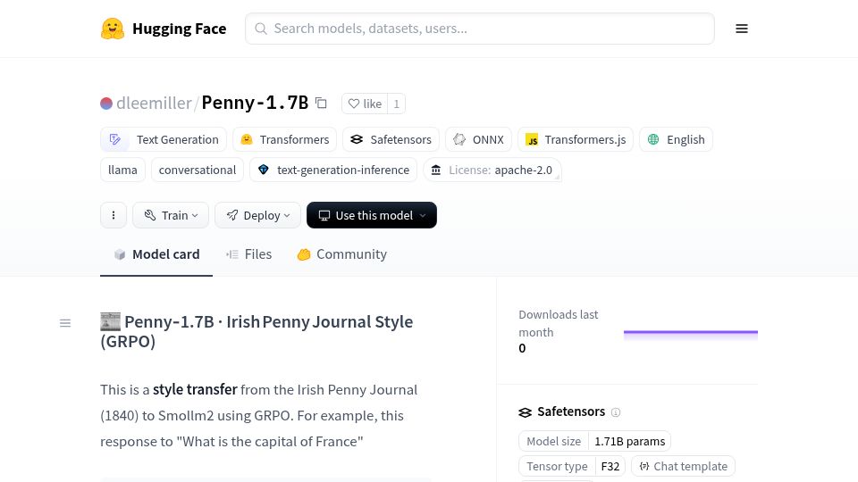 Screenshot of huggingface.co: Show HN: Penny-1.7B Irish Penny Journal style transfer
