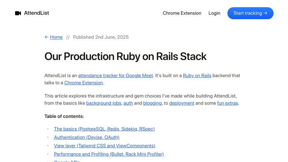 Screenshot of attendlist.com: Our production Ruby on Rails stack